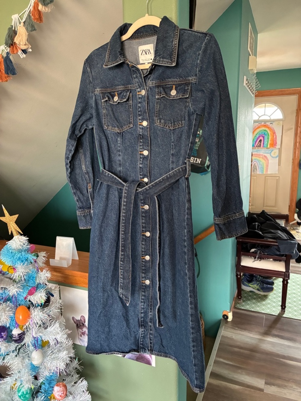 Zara Dark Indigo Denim Button-Front Midi Dress with Belt - Picture 3 of 9